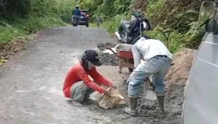 Kompak Peratin Serungkuk dan Anggota DPRD Gotong Royong dan Tambal Jalan Berlubang Dengan Semen